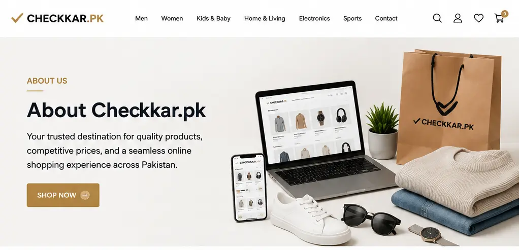 About Checkkar.pk showcasing premium online shopping for fashion, electronics, home and sports products in Pakistan.