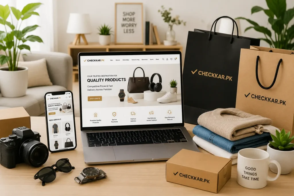 Modern lifestyle workspace showcasing online shopping at Checkkar.pk with fashion, electronics and home essentials.